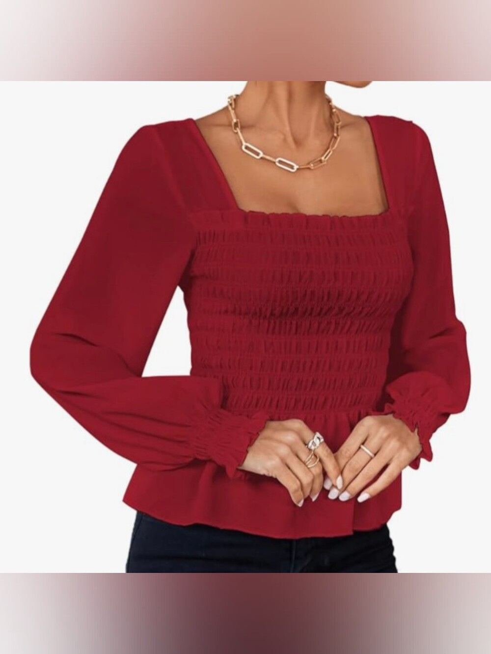 Red Smocked Milkmaid Peplum Top Long Sleeve Large